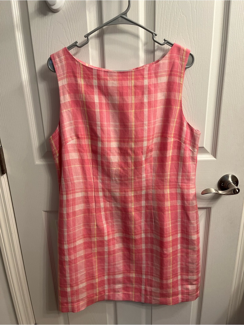 Sleeveless Pink Plaid Shift Dress linen Annie Alexander size 12, chest 20”